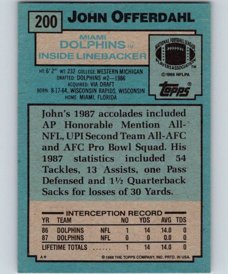 1988 Topps #200 John Offerdahl Dolphins NFL Football Image 2