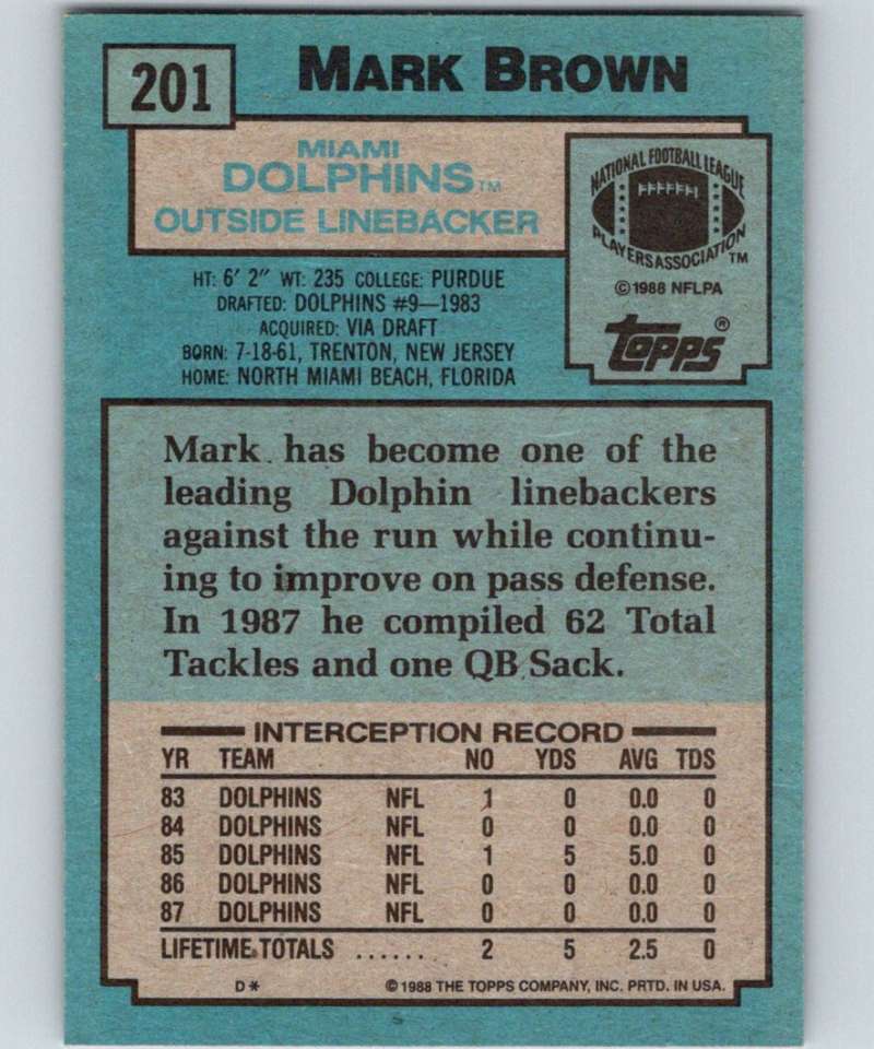 1988 Topps #201 Mark Brown Dolphins NFL Football Image 2