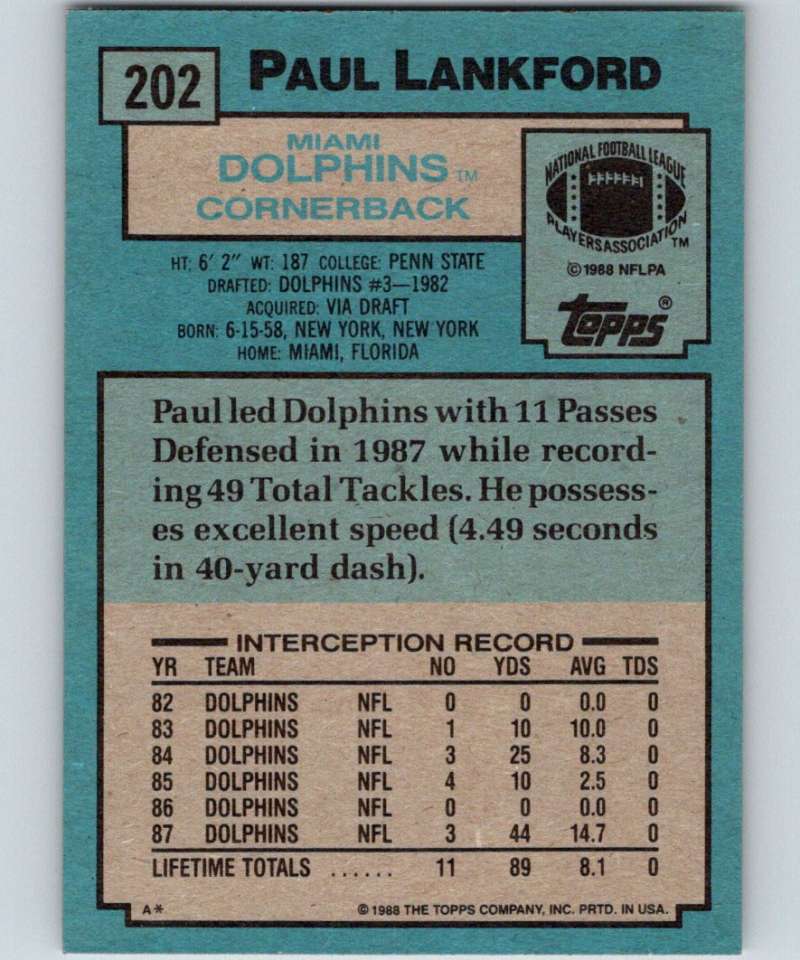 1988 Topps #202 Paul Lankford Dolphins NFL Football Image 2