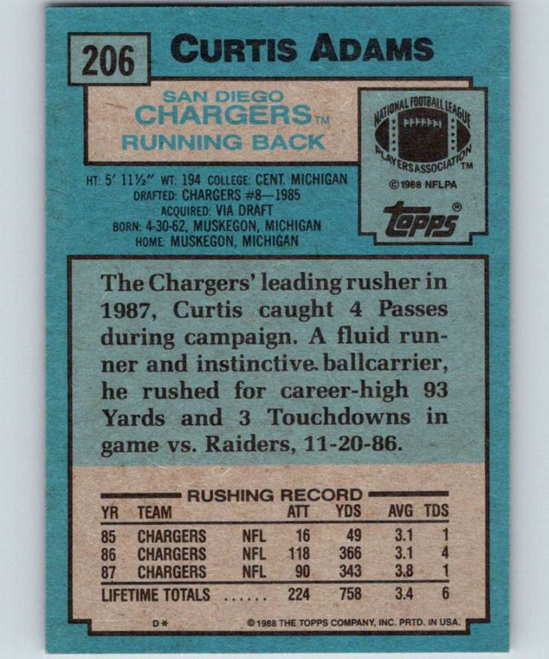 1988 Topps #206 Curtis Adams Chargers NFL Football Image 2