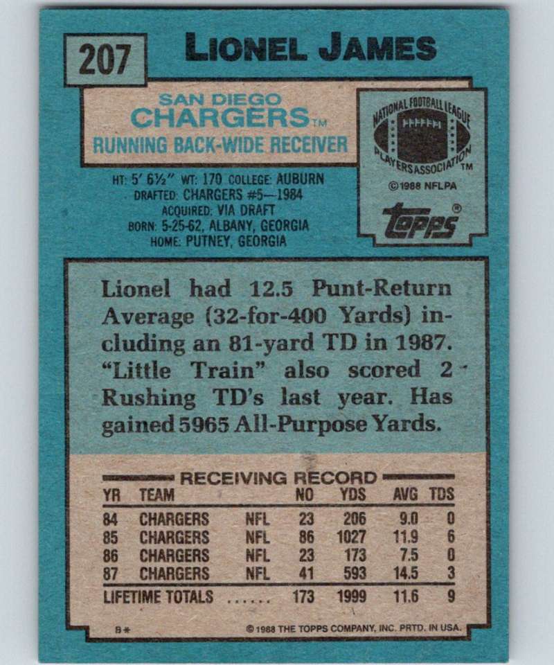 1988 Topps #207 Lionel James Chargers NFL Football Image 2