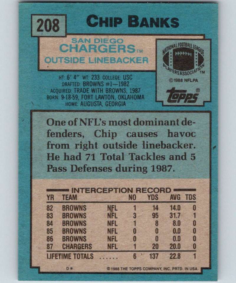 1988 Topps #208 Chip Banks Chargers NFL Football Image 2