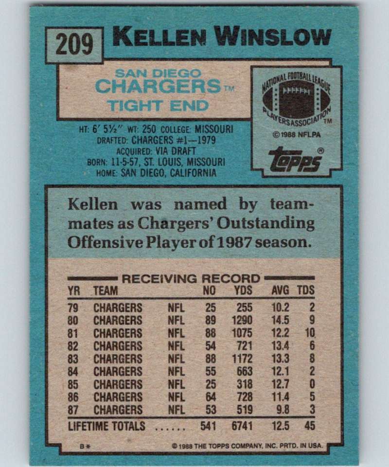 1988 Topps #209 Kellen Winslow Chargers NFL Football