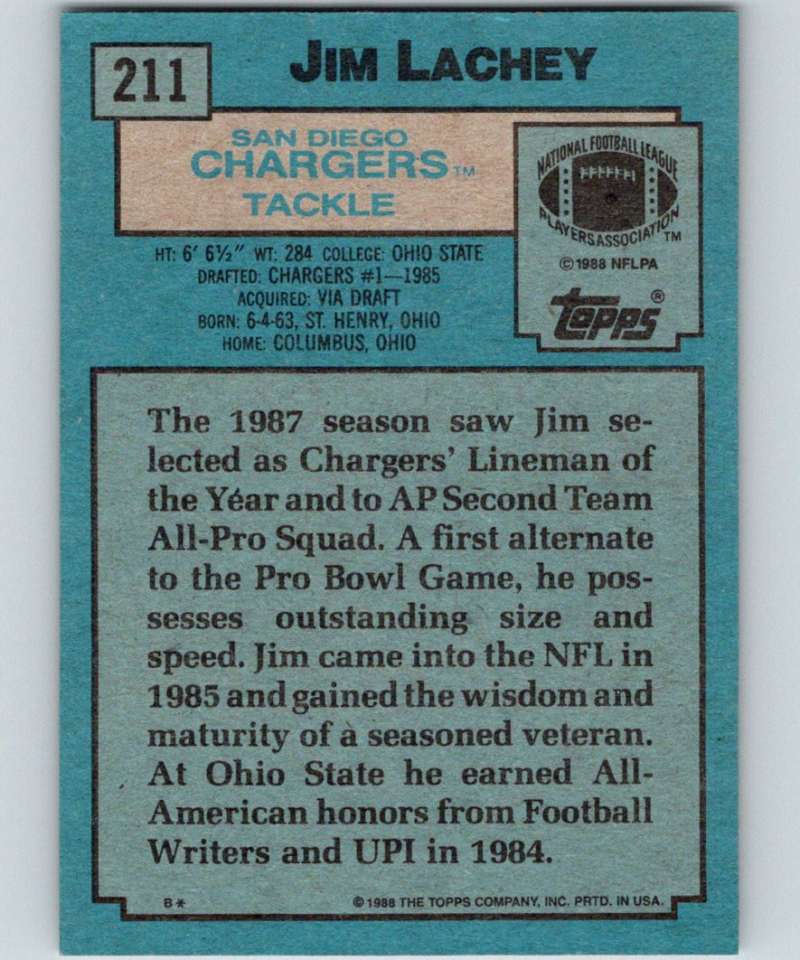 1988 Topps #211 Jim Lachey Chargers NFL Football Image 2