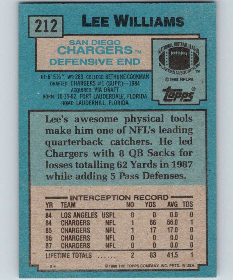 1988 Topps #212 Lee Williams Chargers NFL Football Image 2