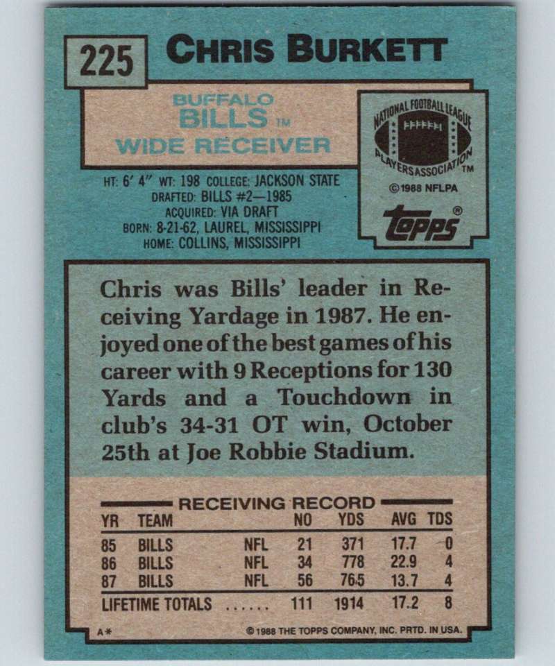 1988 Topps #225 Chris Burkett RC Rookie Bills NFL Football Image 2