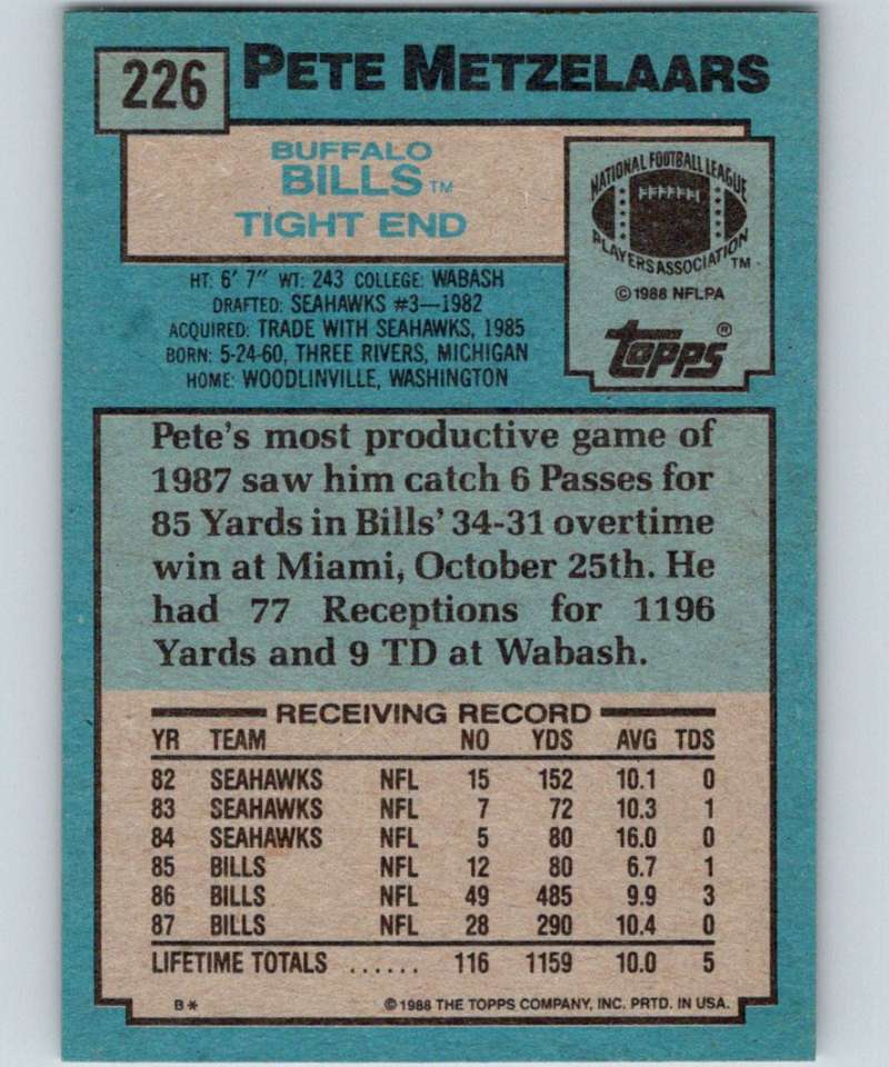 1988 Topps #226 Pete Metzelaars Bills NFL Football Image 2