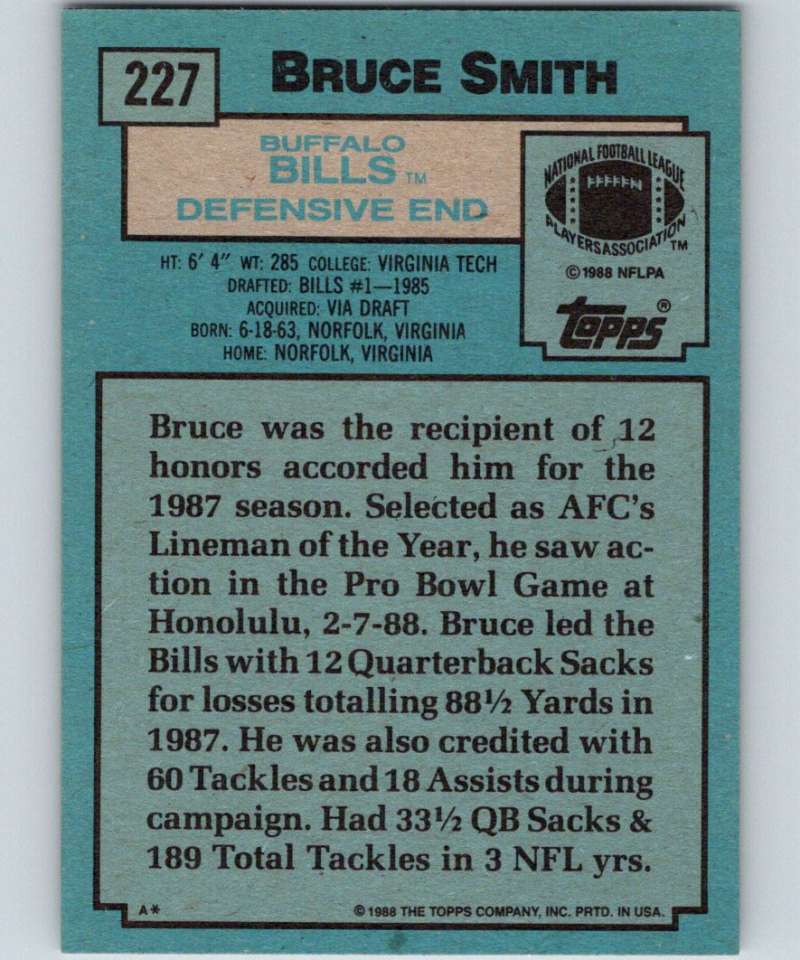 1988 Topps #227 Bruce Smith Bills NFL Football