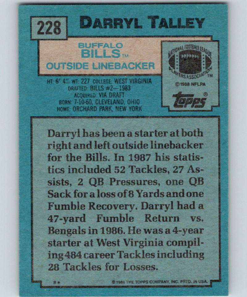 1988 Topps #228 Darryl Talley Bills NFL Football Image 2