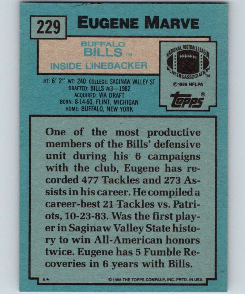 1988 Topps #229 Eugene Marve Bills NFL Football Image 2