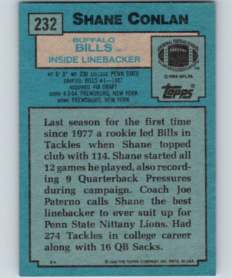 1988 Topps #232 Shane Conlan RC Rookie Bills NFL Football Image 2