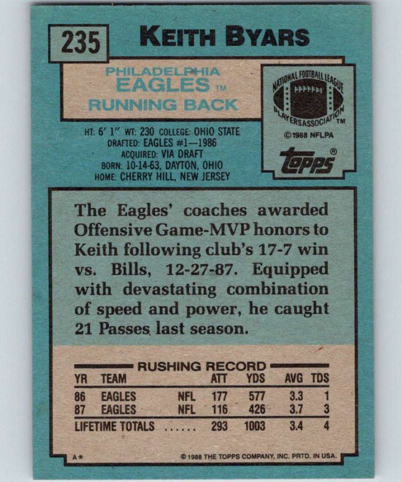 1988 Topps #235 Keith Byars Eagles NFL Football Image 2