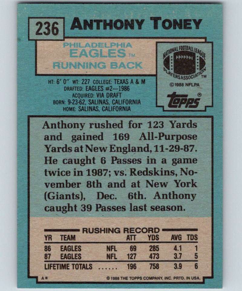 1988 Topps #236 Anthony Toney RC Rookie Eagles NFL Football Image 2