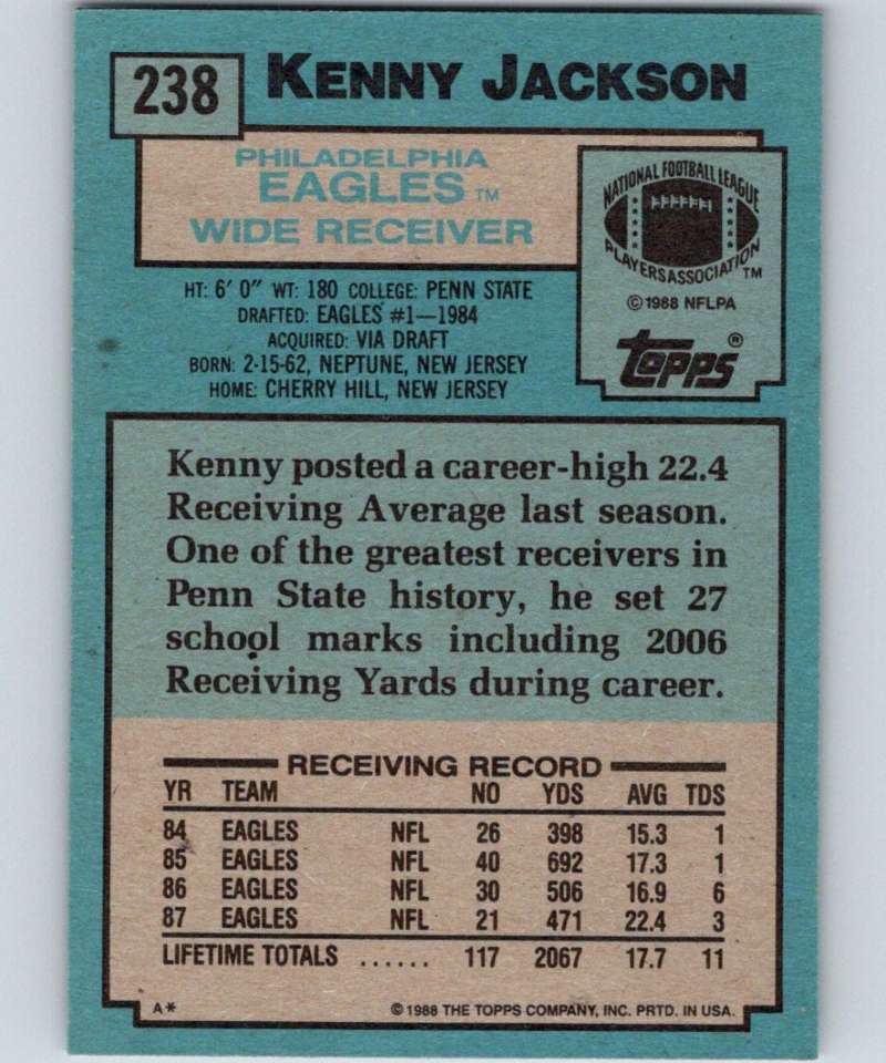 1988 Topps #238 Kenny Jackson Eagles NFL Football Image 2