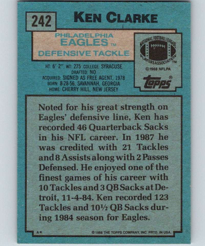 1988 Topps #242 Ken Clarke Eagles NFL Football Image 2