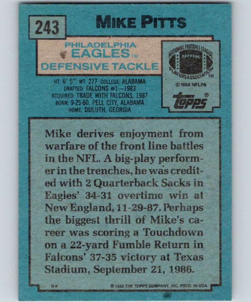 1988 Topps #243 Mike Pitts Eagles NFL Football Image 2