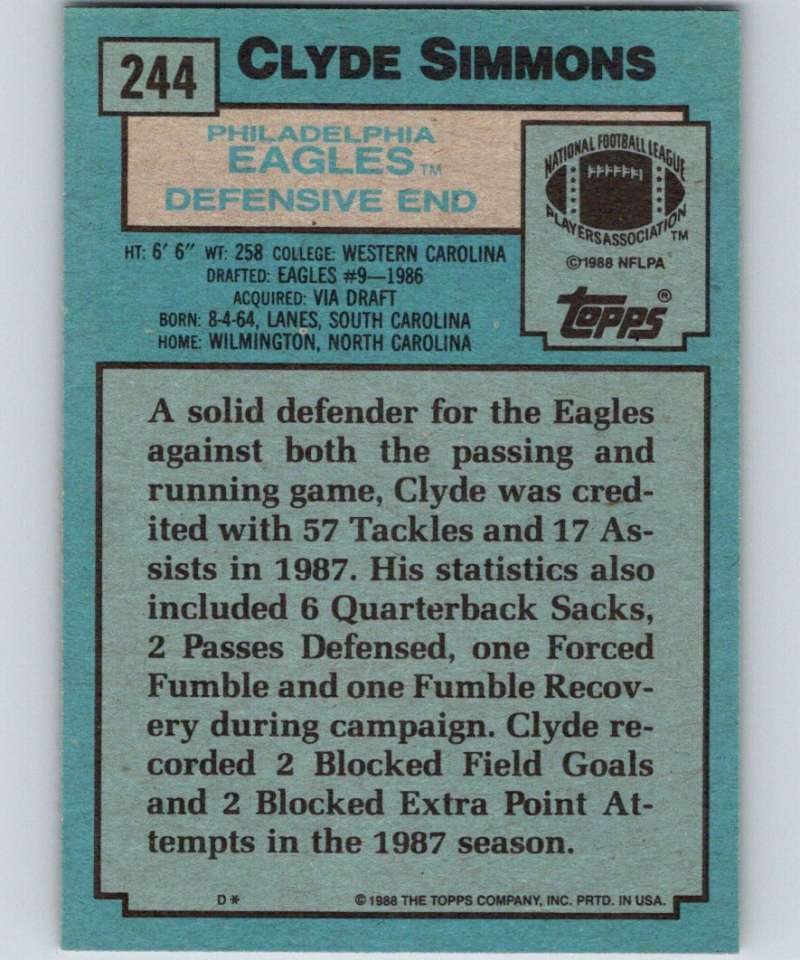 1988 Topps #244 Clyde Simmons RC Rookie Eagles NFL Football