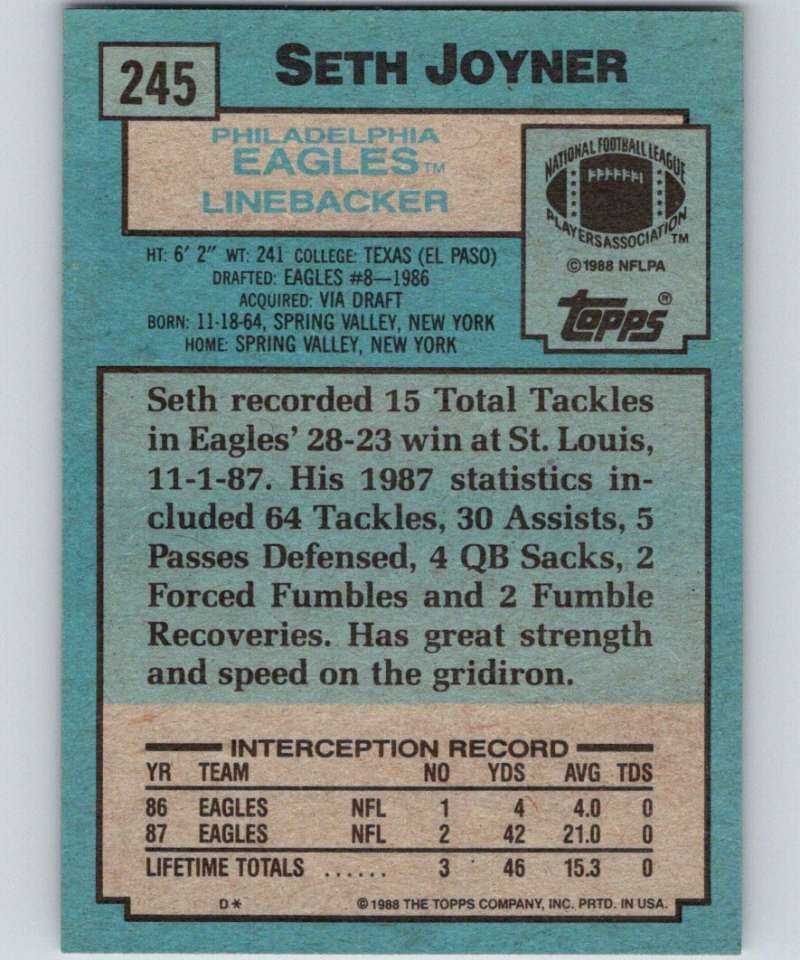 1988 Topps #245 Seth Joyner RC Rookie Eagles NFL Football