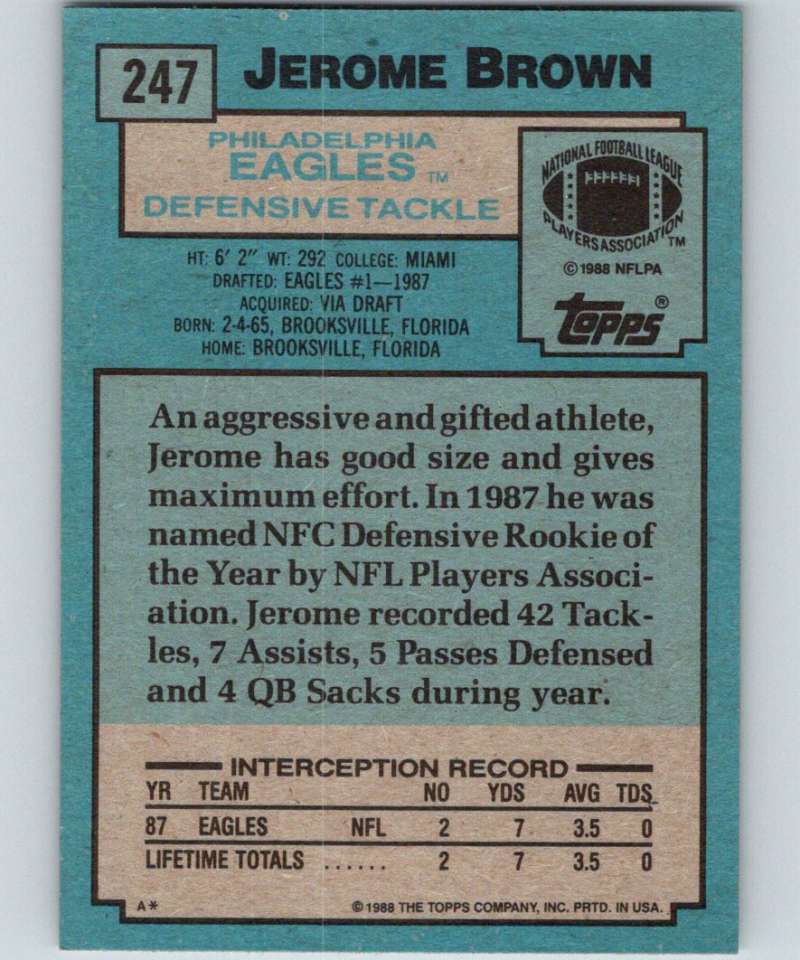 1988 Topps #247 Jerome Brown RC Rookie Eagles NFL Football