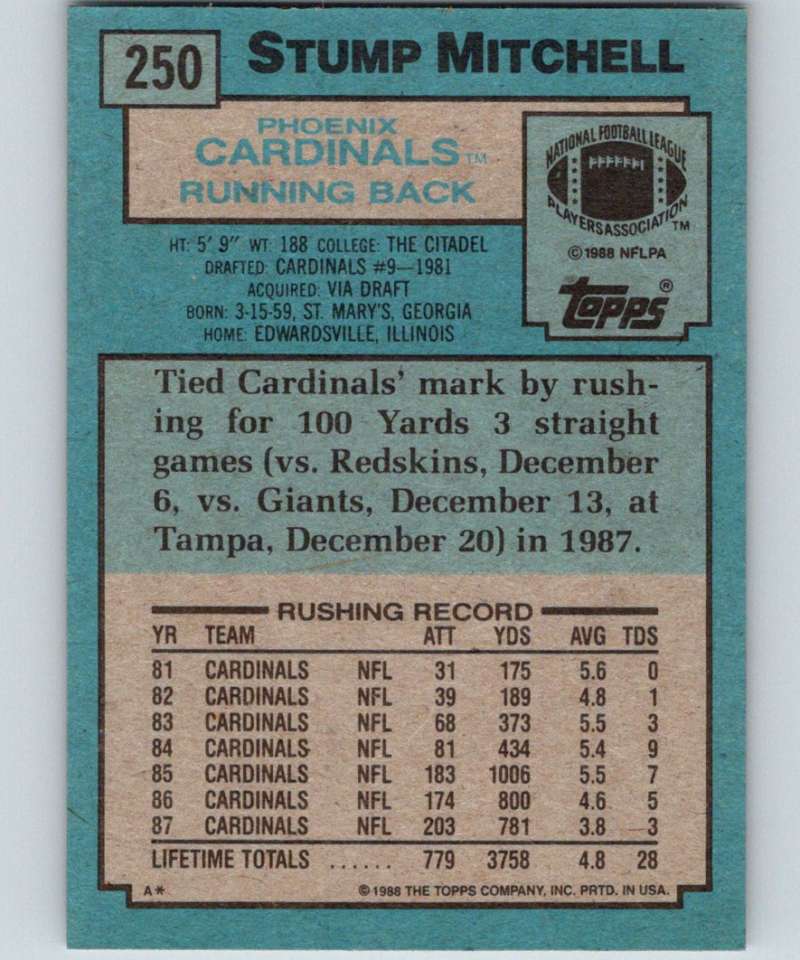 1988 Topps #250 Stump Mitchell Cardinals NFL Football Image 2