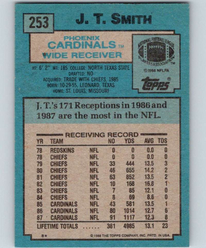 1988 Topps #253 J.T. Smith Cardinals NFL Football Image 2
