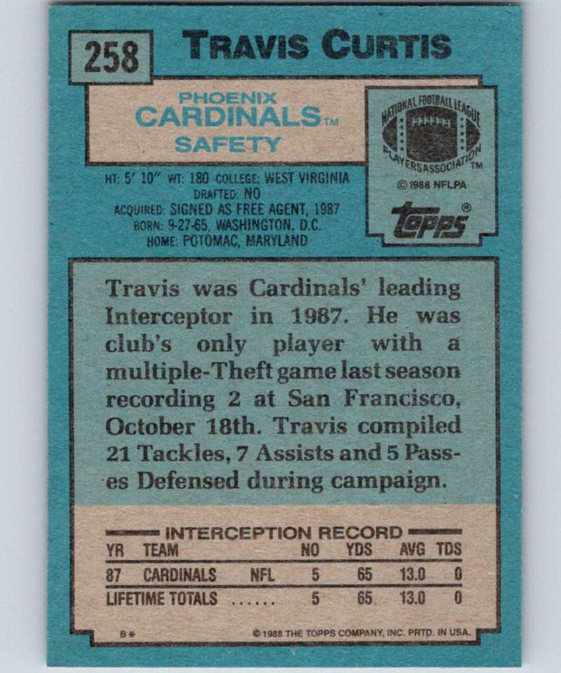 1988 Topps #258 Travis Curtis Cardinals NFL Football