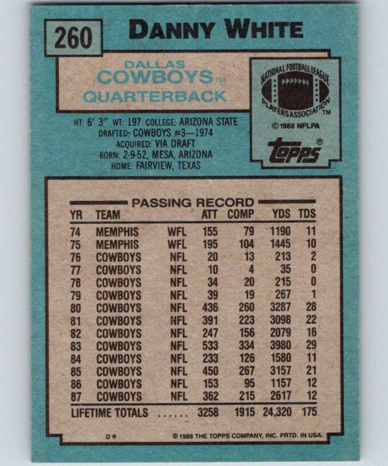 1988 Topps #260 Danny White Cowboys NFL Football Image 2