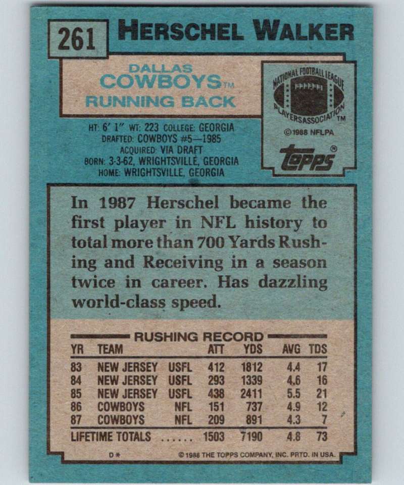 1988 Topps #261 Herschel Walker Cowboys NFL Football Image 2