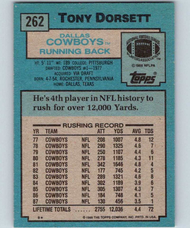 1988 Topps #262 Tony Dorsett Cowboys NFL Football