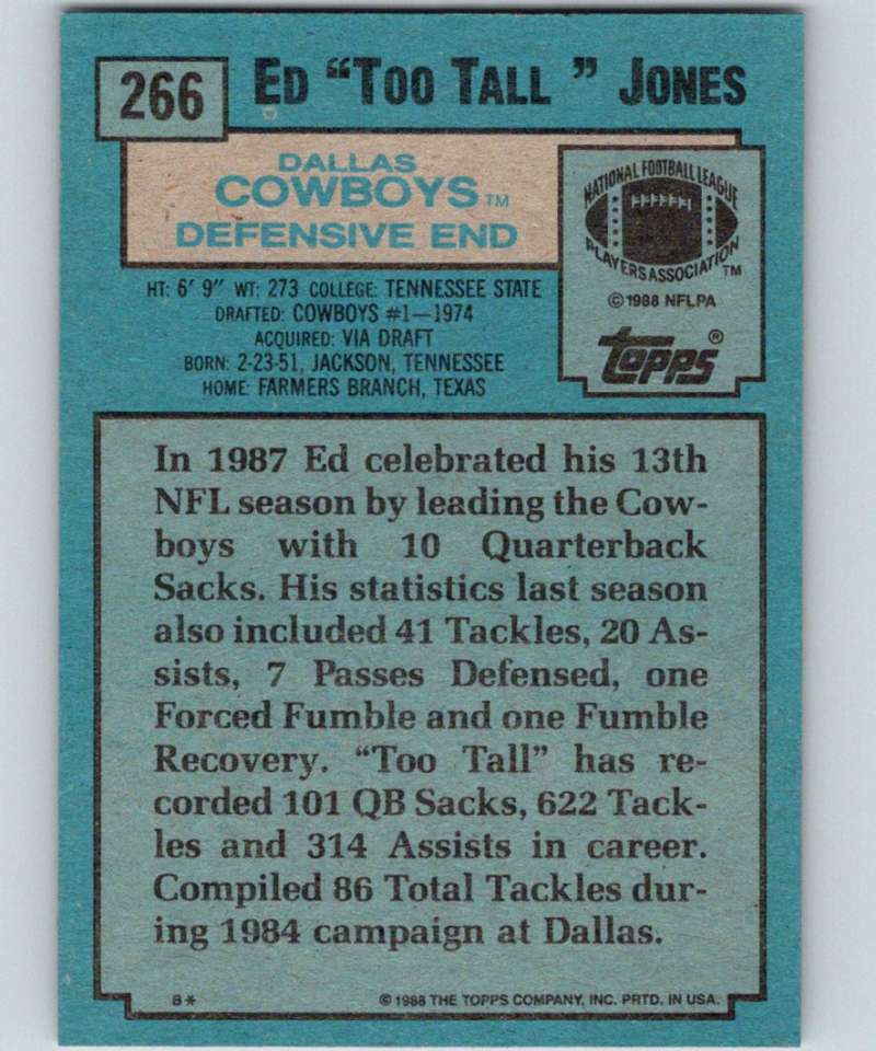 1988 Topps #266 Ed Too Tall Jones Cowboys NFL Football Image 2