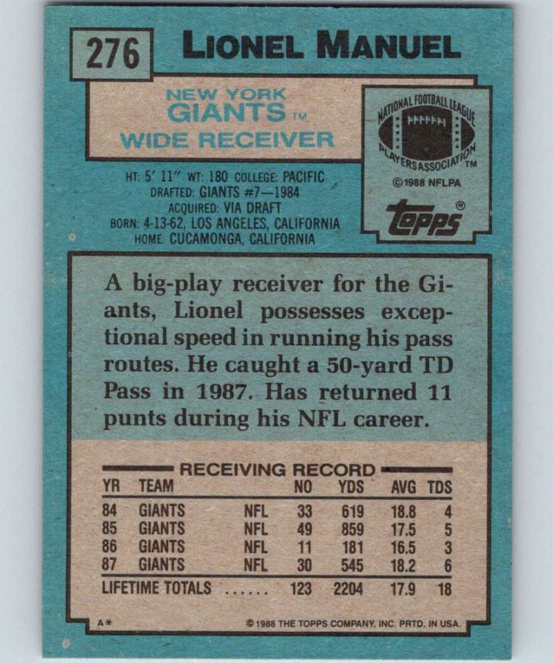 1988 Topps #276 Lionel Manuel NY Giants NFL Football Image 2