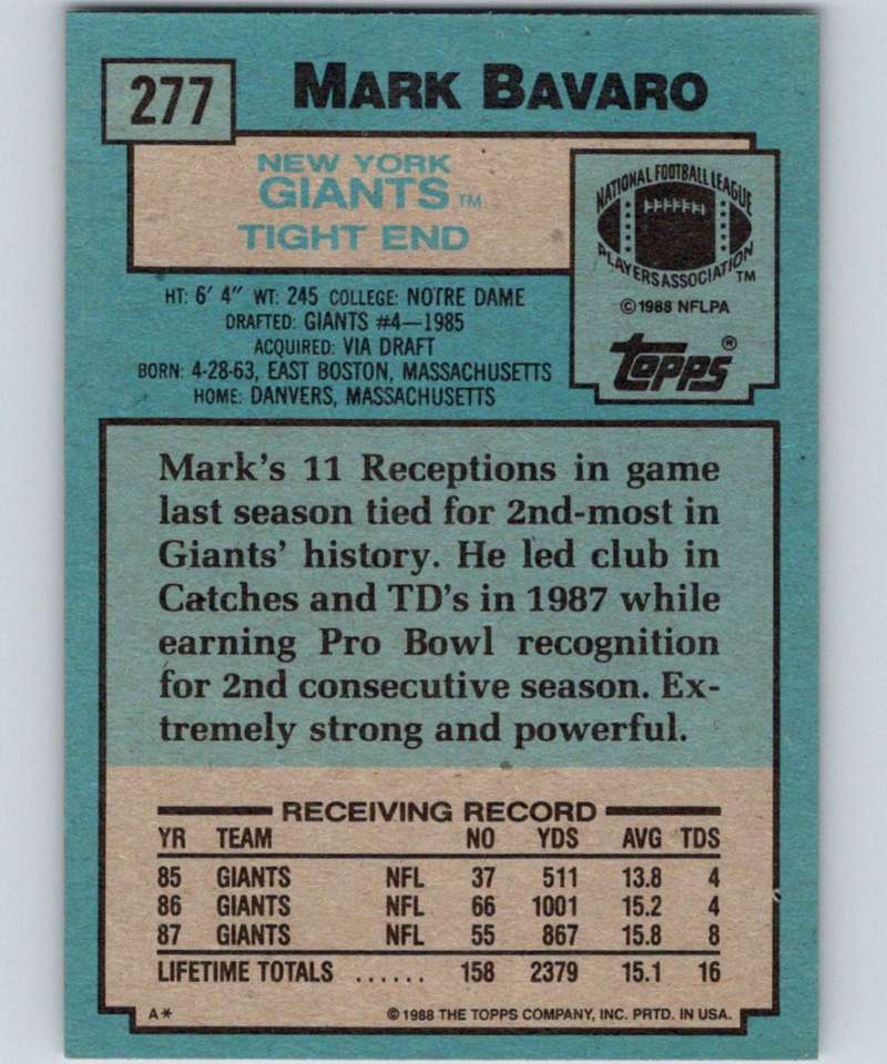 1988 Topps #277 Mark Bavaro NY Giants NFL Football