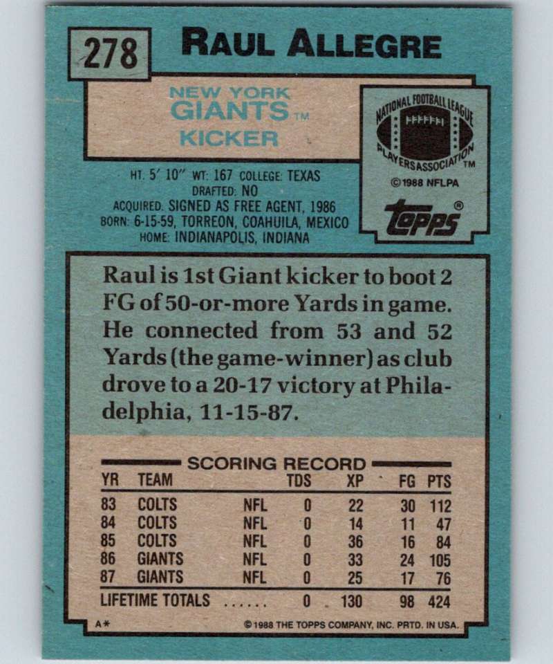 1988 Topps #278 Raul Allegre NY Giants NFL Football Image 2