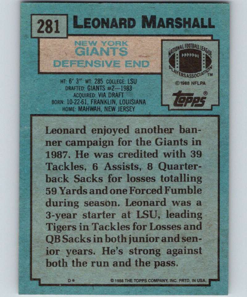 1988 Topps #281 Leonard Marshall NY Giants NFL Football