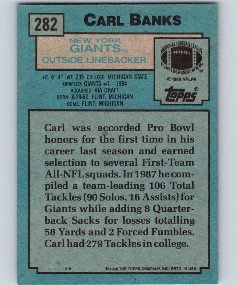 1988 Topps #282 Carl Banks NY Giants NFL Football Image 2