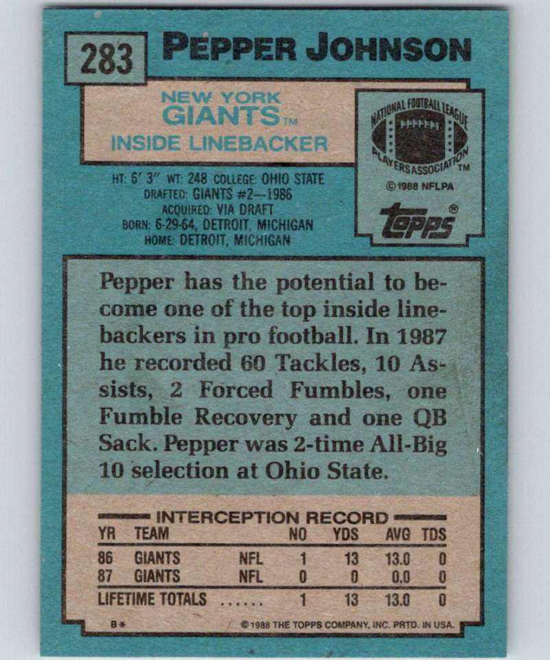 1988 Topps #283 Pepper Johnson NY Giants NFL Football