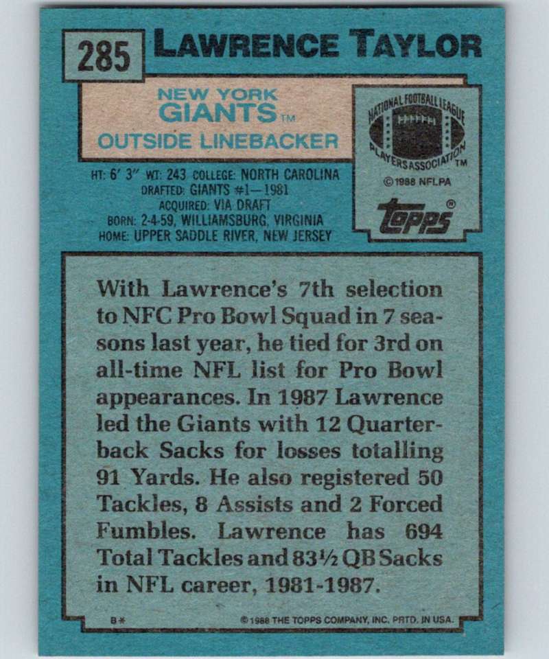 1988 Topps #285 Lawrence Taylor NY Giants NFL Football