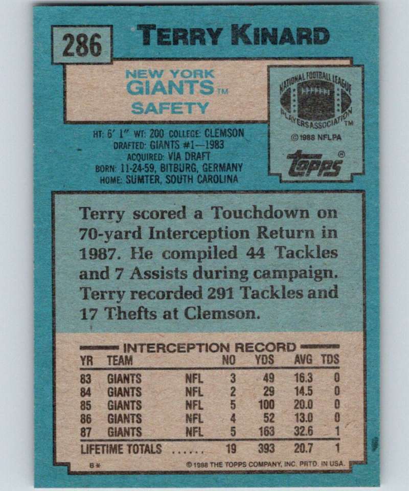 1988 Topps #286 Terry Kinard NY Giants NFL Football Image 2