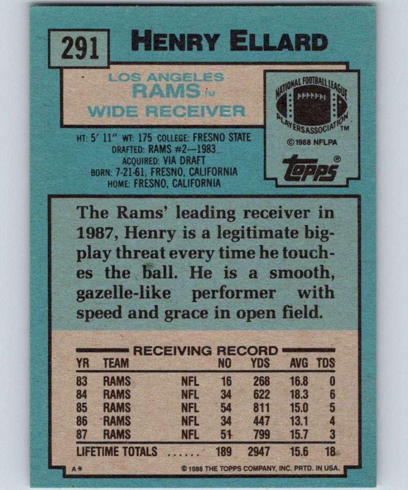 1988 Topps #291 Henry Ellard LA Rams NFL Football Image 2