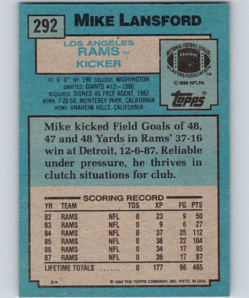 1988 Topps #292 Mike Lansford LA Rams NFL Football Image 2