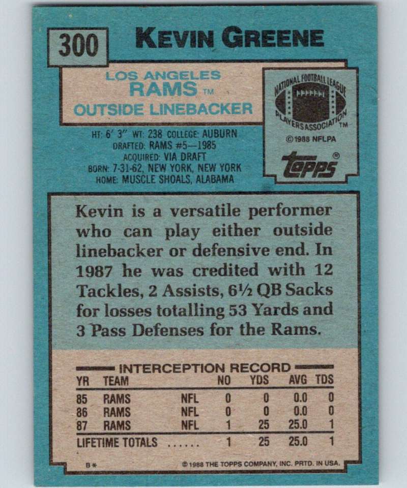 1988 Topps #300 Kevin Greene RC Rookie LA Rams NFL Football