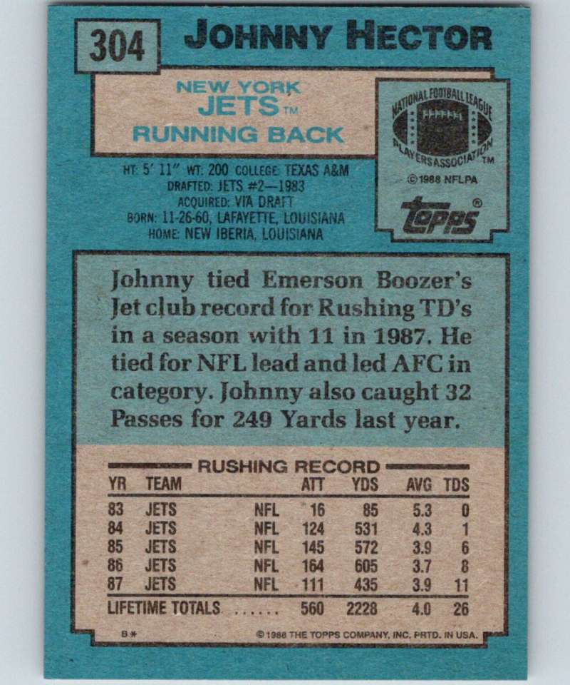 1988 Topps #304 Johnny Hector NY Jets NFL Football Image 2