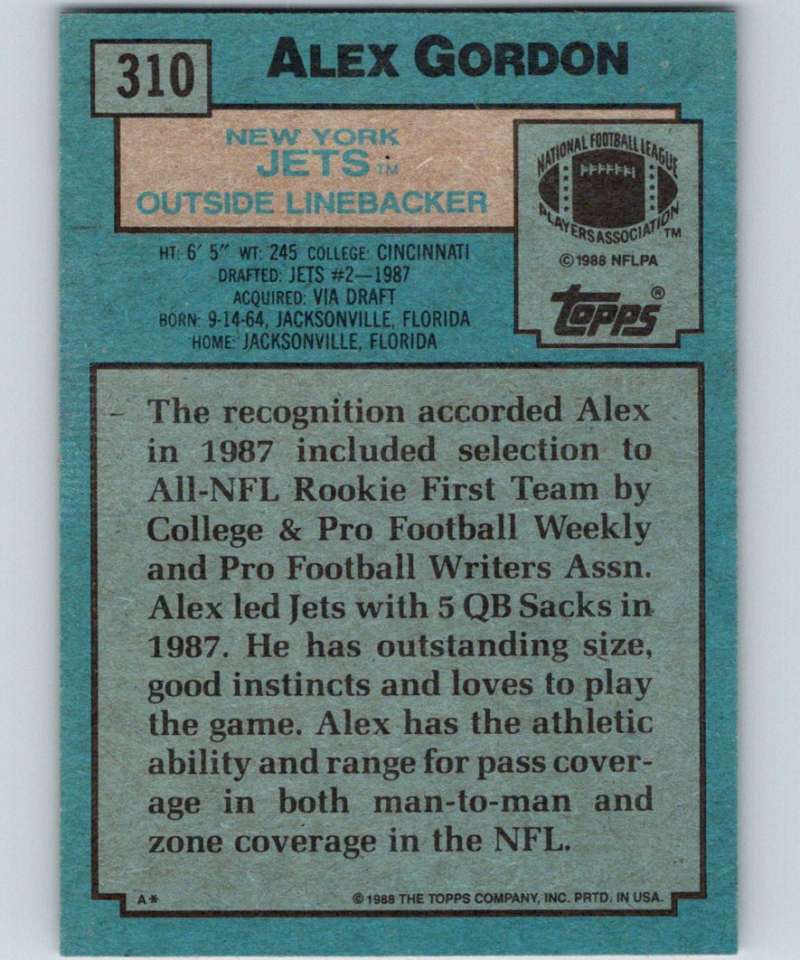 1988 Topps #310 Alex Gordon RC Rookie NY Jets NFL Football Image 2