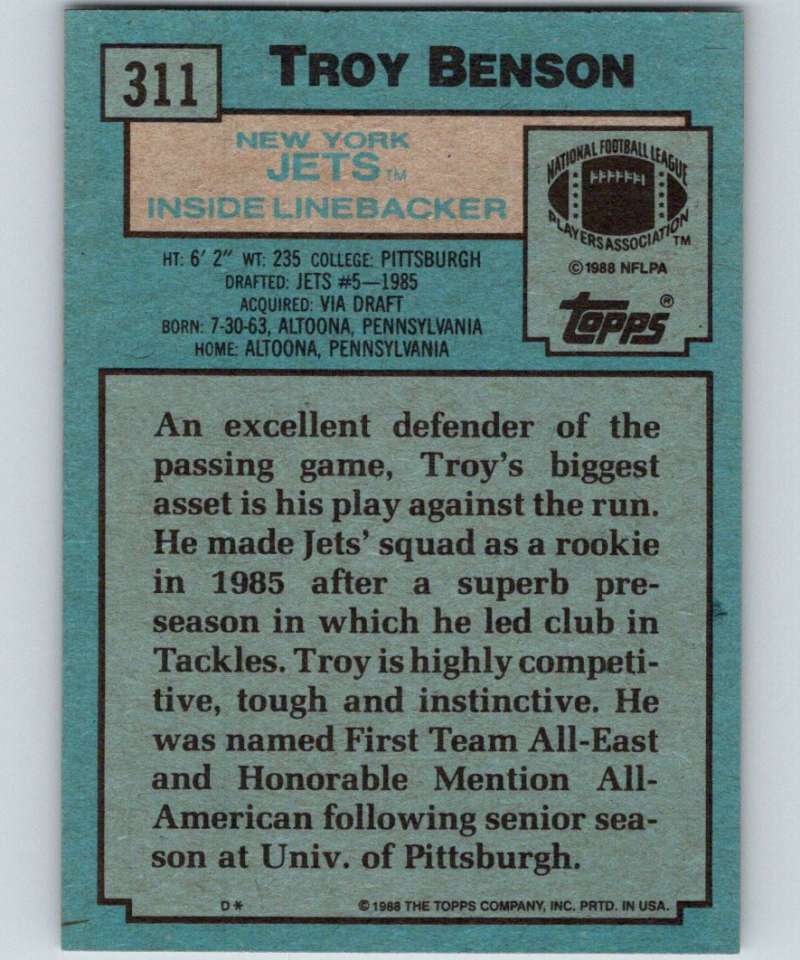 1988 Topps #311 Troy Benson NY Jets NFL Football Image 2