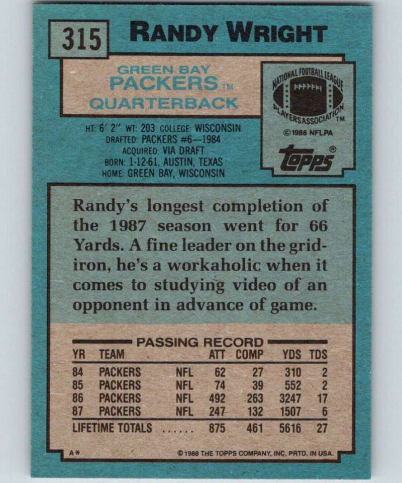 1988 Topps #315 Randy Wright Packers NFL Football Image 2