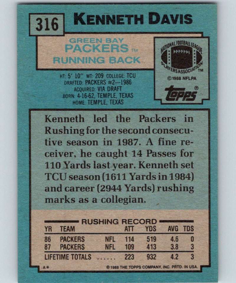 1988 Topps #316 Kenneth Davis Packers NFL Football Image 2