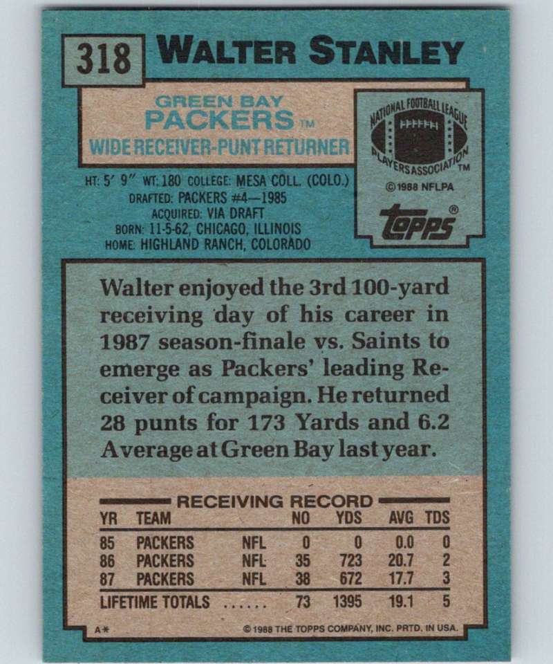 1988 Topps #318 Walter Stanley Packers NFL Football Image 2