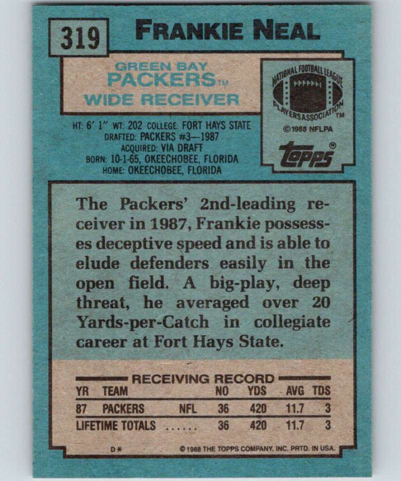 1988 Topps #319 Frankie Neal Packers NFL Football Image 2