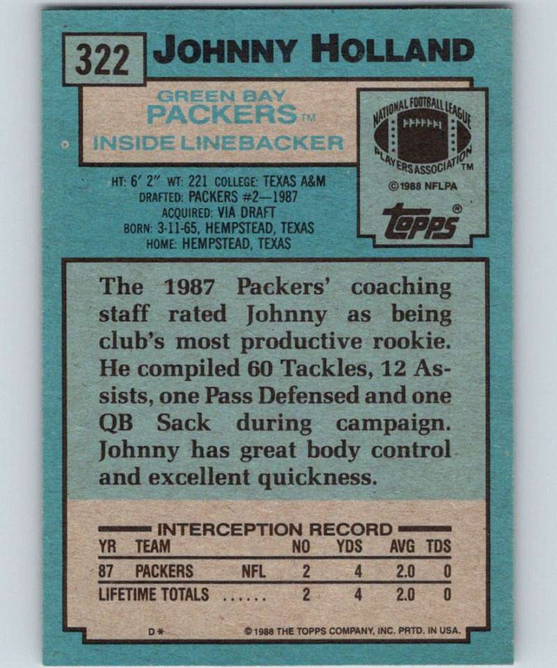 1988 Topps #322 Johnny Holland RC Rookie Packers NFL Football