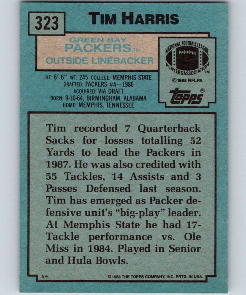 1988 Topps #323 Tim Harris Packers NFL Football Image 2